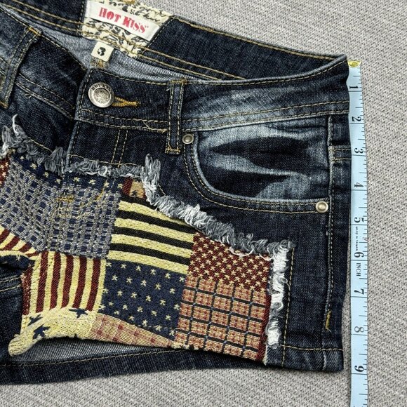 Hot Kiss Womens Blue Denim Cici Short Shorts Flag Patchwork Low Rise Size 3 - Picture 13 of 13